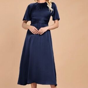 JJ'S HOUSE Navy Blue Satin High Neck Short Sleeved Maxi Dress Tie Waist Large